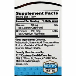 21st Century Chromium Picolinate, 200 mcg 100 Tablets