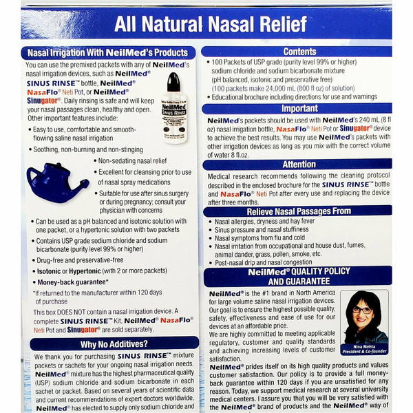 Neilmed - Neilmed, Sinus Rinse - Saline Nasal Rinse, Premixed Packets (100  count), Shop