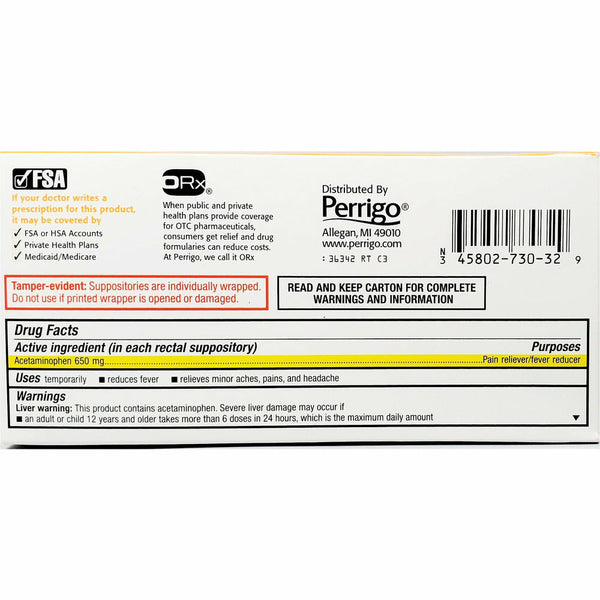 Perrigo Acetaminophen Suppositories Pain Reliever 650 MG 50 Count for sale  online