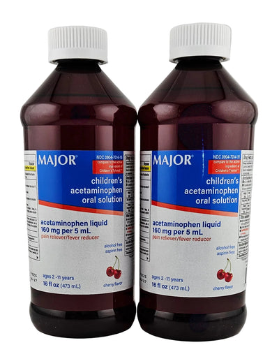 Two bottles of Major children's acetaminophen oral solution on a gray background