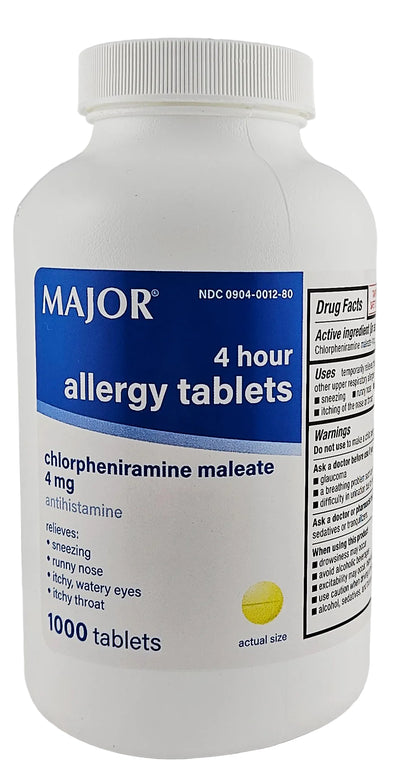 Allergy Tablets 4 mg, 1000 Tablets by Major