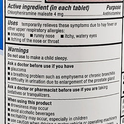 Drug label with active ingredient, uses, warnings, and directions for use.