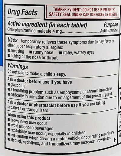 Drug label with active ingredient, uses, warnings, and directions for use.