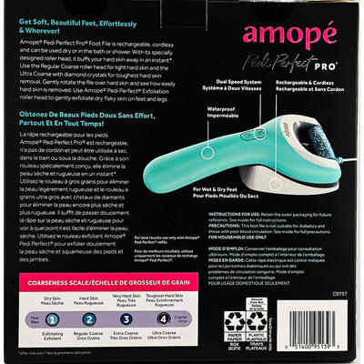 Amope Pedi Perfect Pro foot file packaging with text and product illustration on a black background
