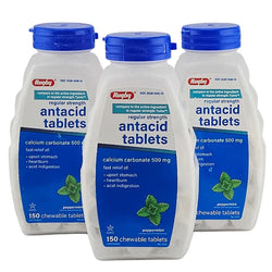 Three bottles of Rugby antacid tablets with blue and white packaging on a gray background
