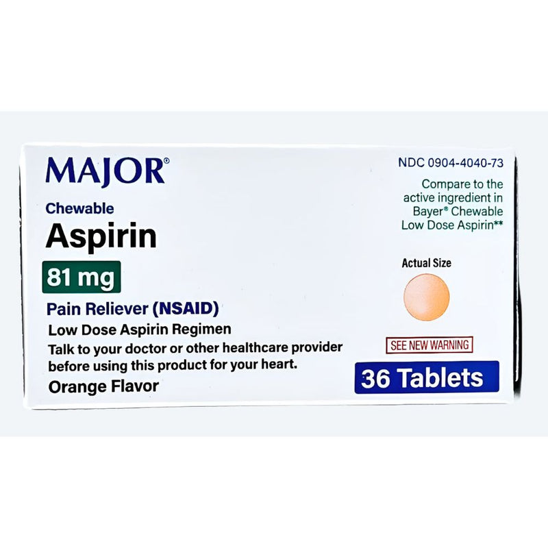 Aspirin 81 mg (Chewable) 1, 3, 6 or 12 Pack by Major - Main product image