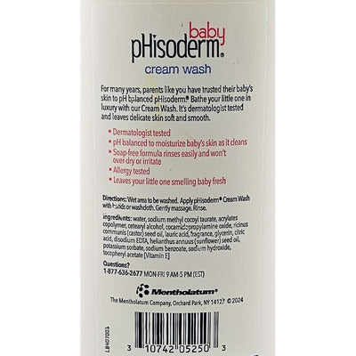 Back of a baby pHisoderm cream wash packaging with text and branding.
