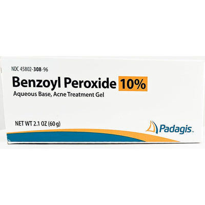 Benzoyl Peroxide 10% acne treatment gel packaging with Padagis branding.