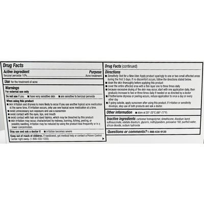 Drug facts label for a topical acne treatment product