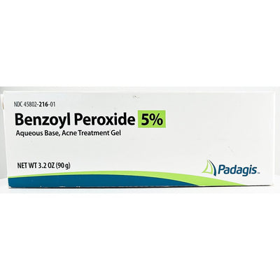 Box of Benzoyl Peroxide 5% treatment gel by Padagis on a white background