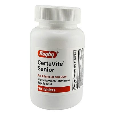 White supplement bottle labeled 'CertaVite Senior' by Rugby on a white background