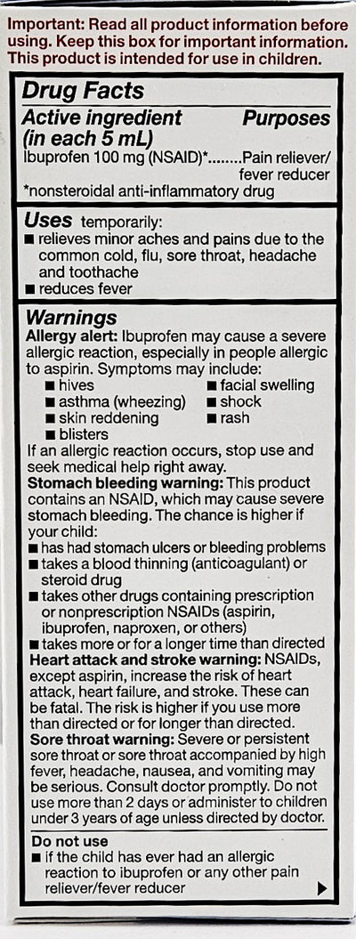 Drug facts label for a pain reliever and fever reducer with active ingredient ibuprofen.