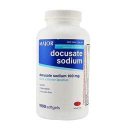 Bottle of docusate sodium laxative with blue label on a white background