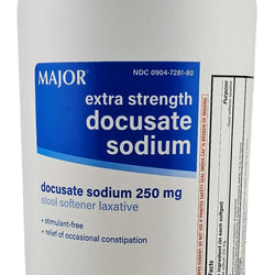White container of extra strength docusate sodium with blue label on a white background