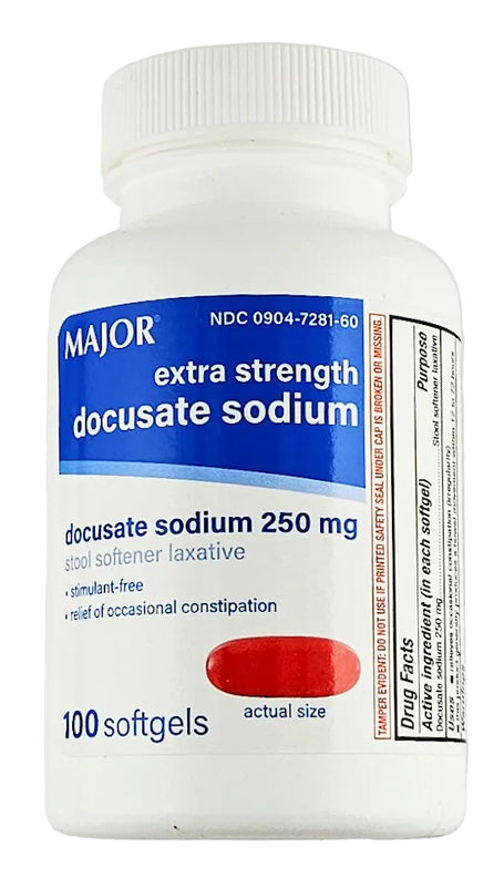 Docusate Sodium 250 mg, 100 Softgels by Major (1 or 3 Pack) - Main product image