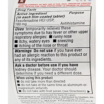Drug facts label for a fexofenadine HCl USP tablet with active ingredient and usage instructions.