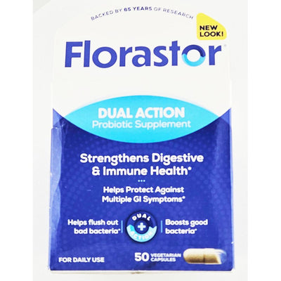 Florastor dual action probiotic supplement packaging on a white background