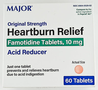 Heartburn Relief (Famotidine 10 mg) 60 Tablets by Major