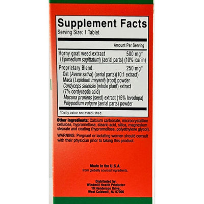 Supplement facts label on a red and green box with detailed ingredient list.