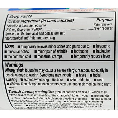 Drug facts label for a pain reliever and fever reducer capsule with active ingredient ibuprofen.