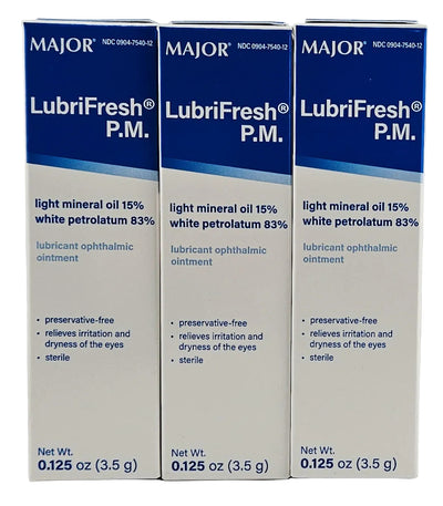 Three boxes of Major LubriFresh P.M. ointment on a white background