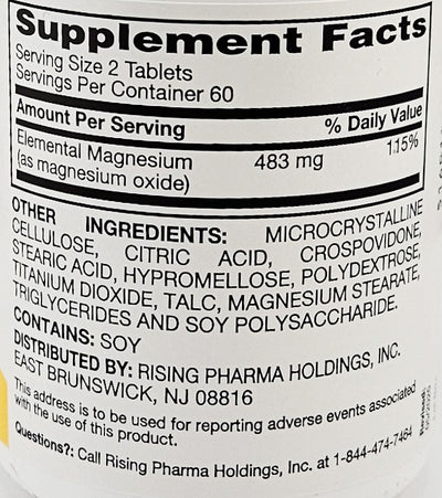 Supplement label with ingredient list and contact information on a white background