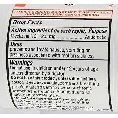 Drug label with active ingredient, purpose, uses, and warnings for a meclizine HCl product.