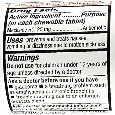 Meclizine 25 mg 100 Chewable Tablets