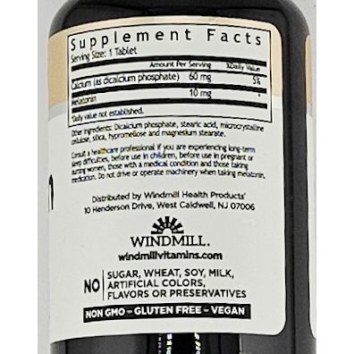 Supplement label on a bottle with 'Windmill Vitamins' branding.