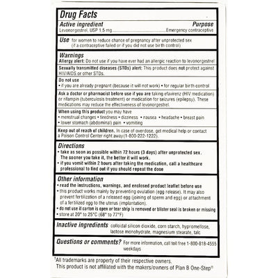 Drug facts label for a contraceptive product on a white background