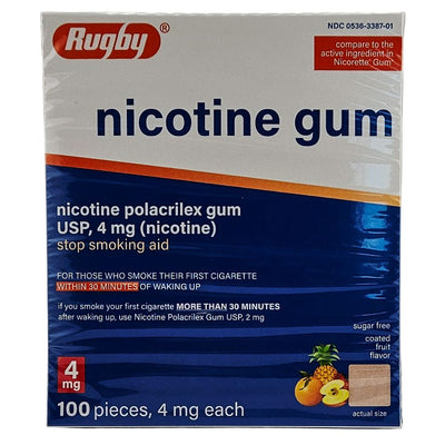 Box of Rugby nicotine gum on a white background