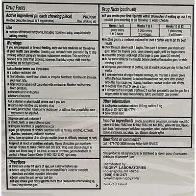 Drug facts label for a nicotine replacement product with detailed information on usage, warnings, and inactive ingredients.