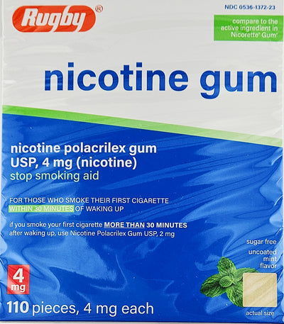 Nicotine Gum 4mg (Uncoated Mint Flavor) 110 Pieces by Rugby
