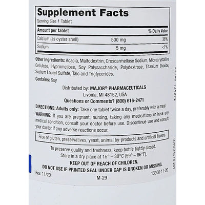 Oyster Shell Calcium 500 mg 1000 Tablets by Major