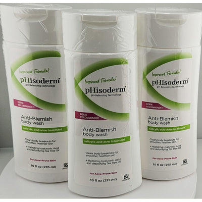 Three bottles of pHisoderm Anti-Blemish body wash on a white background