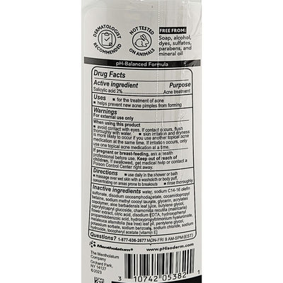 Back of a skincare product Phisoderm body wash label with text and barcodes