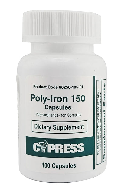 Supplement bottle labeled 'Poly-Iron 150' by Cypress on a gray background
