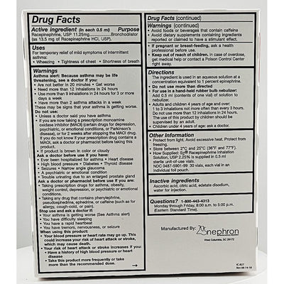 Drug facts label for a respiratory medication on a white background