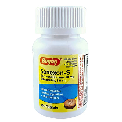 Bottle of Rugby Senexon-S tablets on a white background