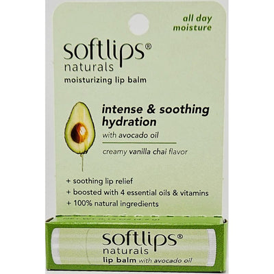 Softlips naturals moisturizing lip balm packaging with avocado illustration on a white background