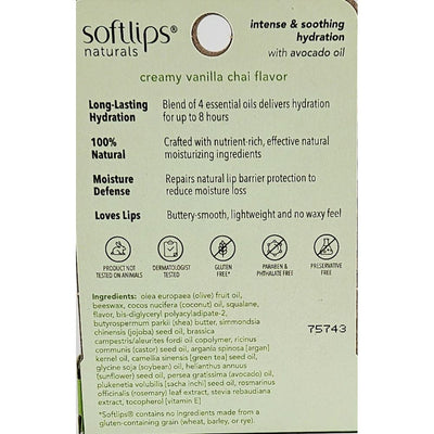 Back of a Softlips Naturals lip balm packaging with text and icons.
