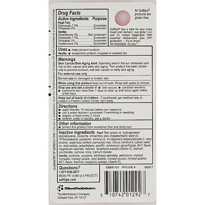 Drug facts label for a Softlips product with active ingredients and usage instructions.