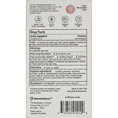 Back of a Softlips lip balm packaging with product details and ingredients.