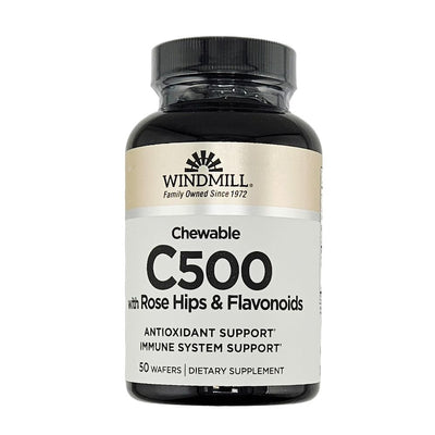 Windmill C500 chewable supplement bottle on a gray background