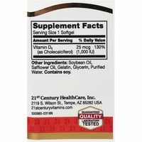Vitamin D3 25 mcg (1000 IU), 250 Rapid Release Softgels by 21st Century - Image 2