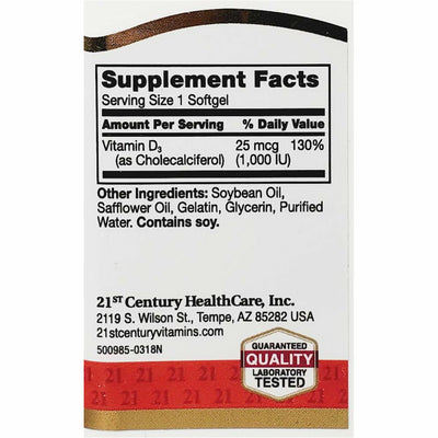 21st Century D3, 25 mcg (1000 IU) 250 Rapid Release Softgels (Immune Support)