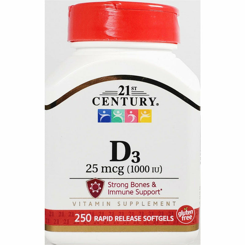 Vitamin D3 25 mcg (1000 IU), 250 Rapid Release Softgels by 21st Century - Main product image