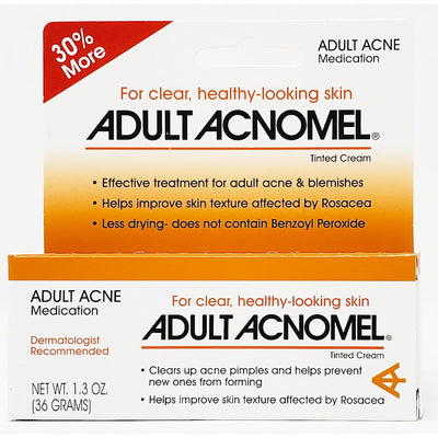 Packaging of Acnomel (Adult) Acne Medication, showing the product as a tinted cream for adult acne, with details on active ingredients, usage instructions, and warnings.