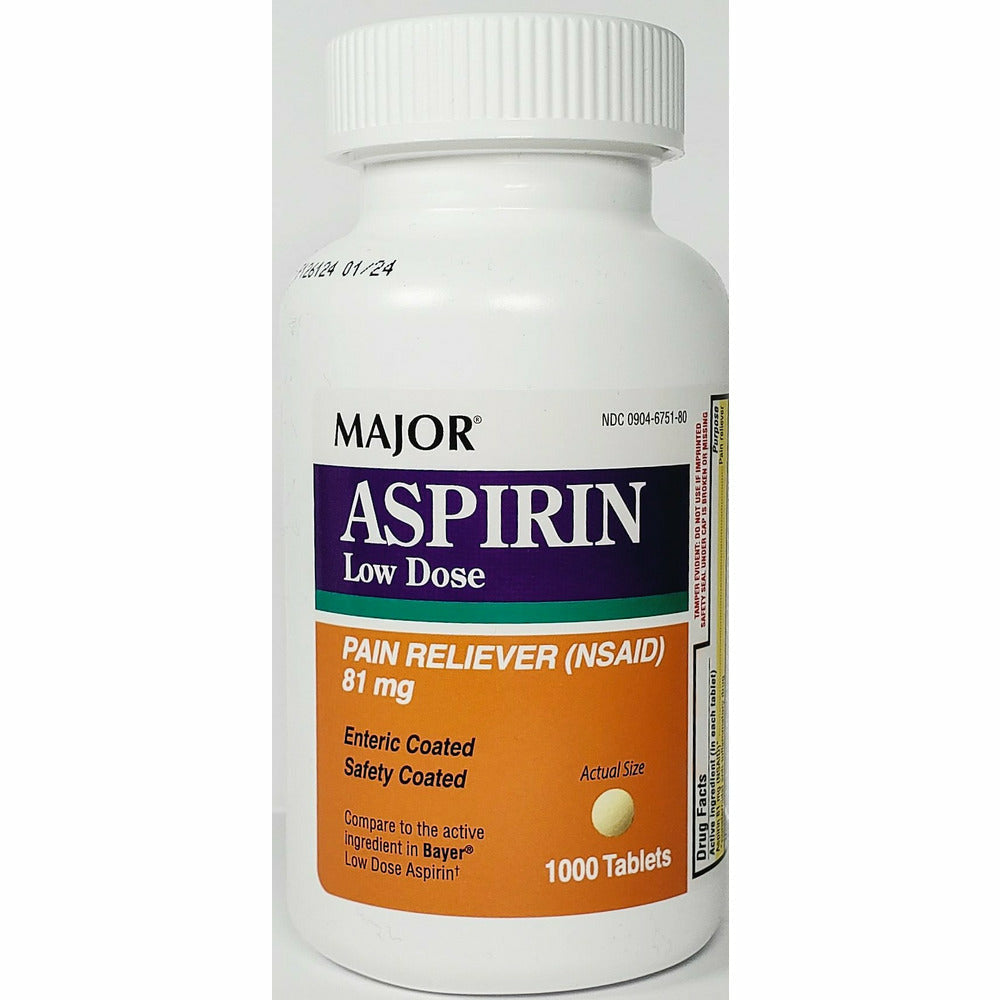Aspirin 81 mg Low Dose 1000 Enteric Coated Tablets Pain Relief