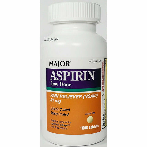 Aspirin 81 mg (Low Dose)1000 Enteric Coated Tablets by Major